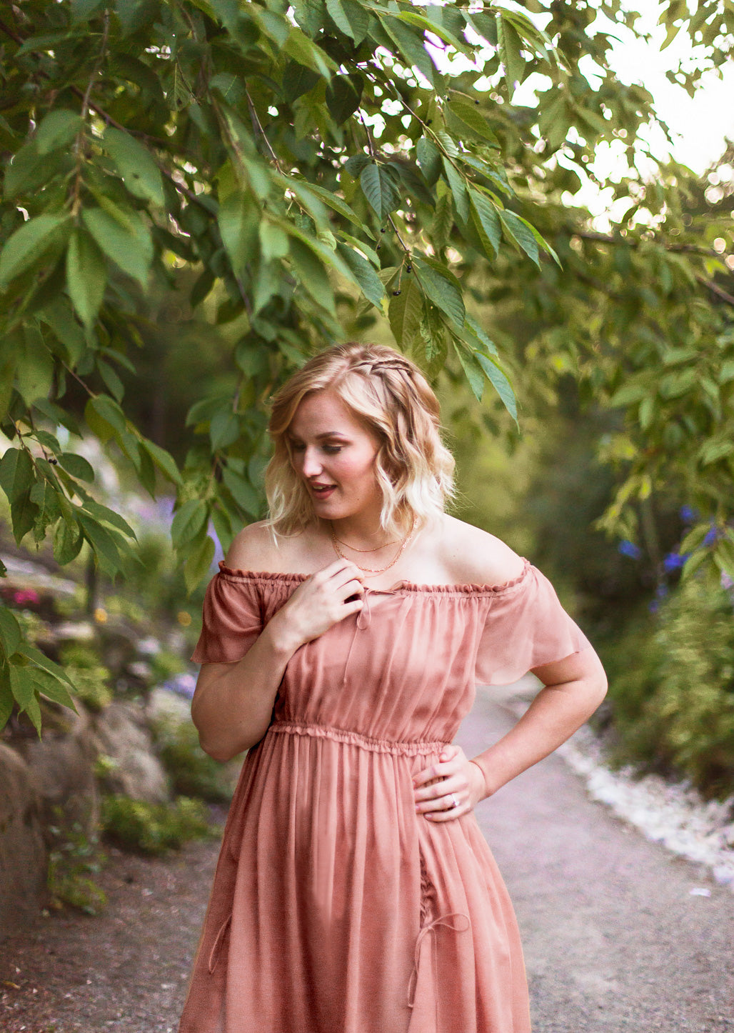 Coral off-shoulder chiffon dress with lace up detail