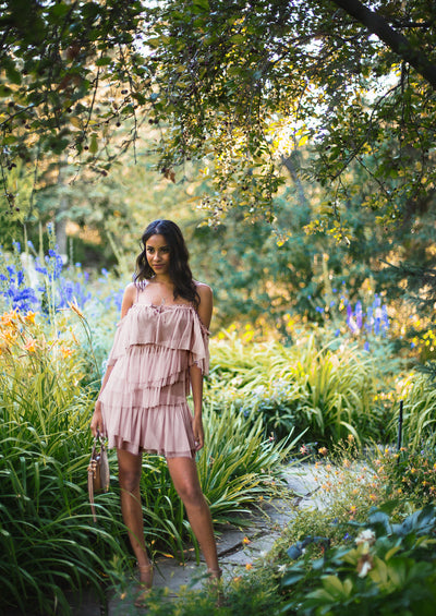 pink off-shoulder chiffon ruffle tier dress 