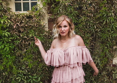 pink off-shoulder chiffon ruffle tier dress 