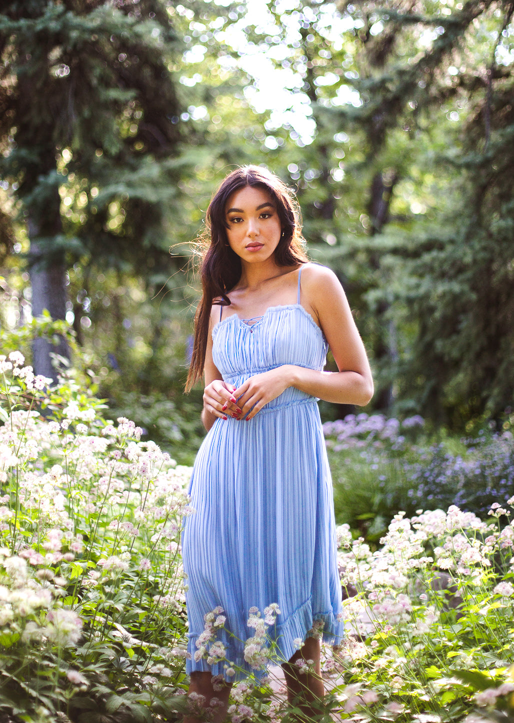 pleated chiffon sky blue dress with lace up neckline and skinny straps 