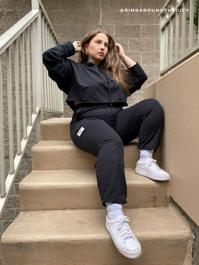 black jogger sweatpant with branded logo and cropped hoodie 