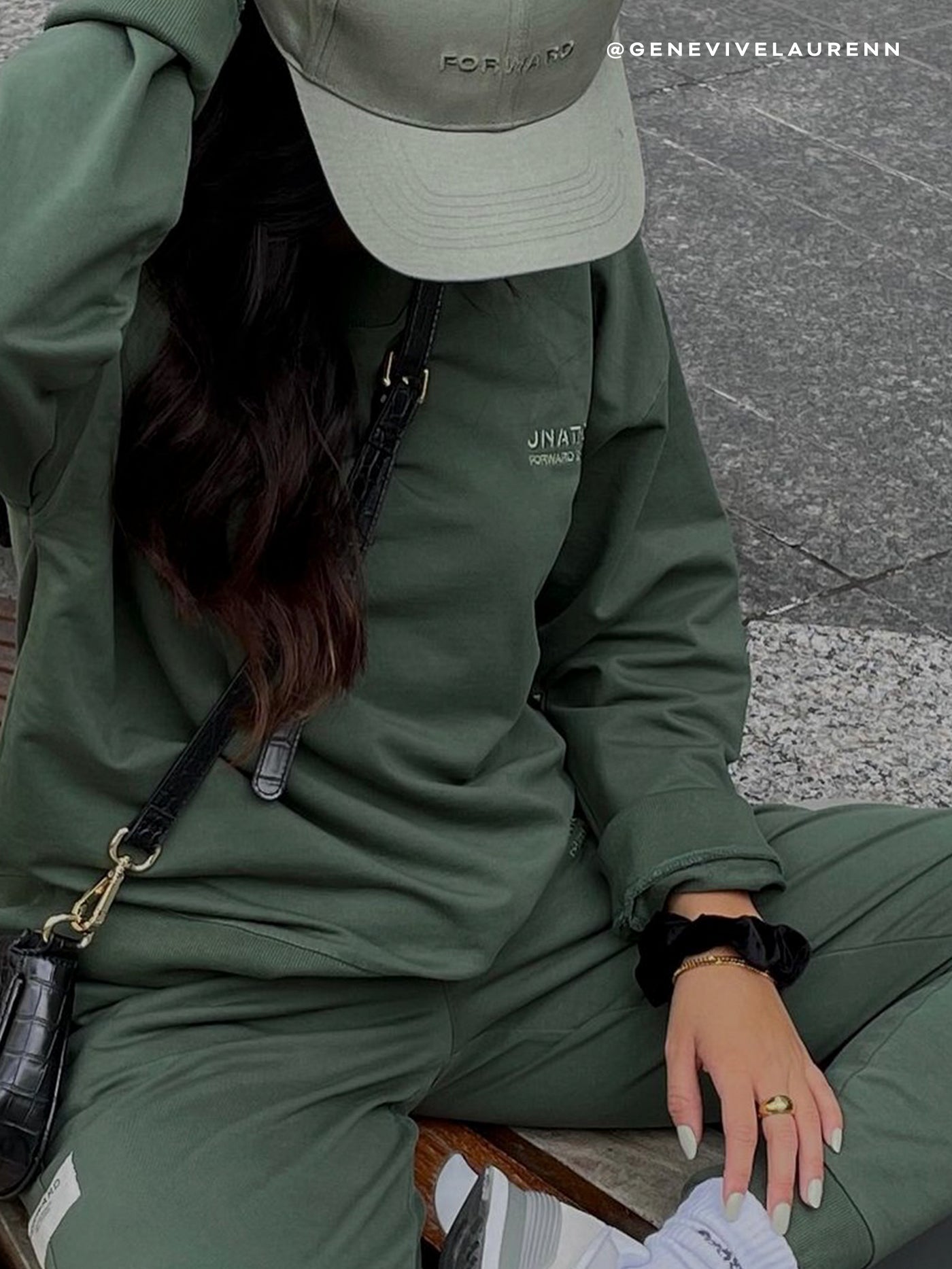 sage green crewneck sweatshirt and matching jogger sweatpant monochrome style