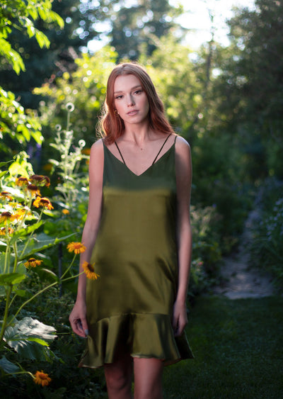 olive satin slip dress with ruffle