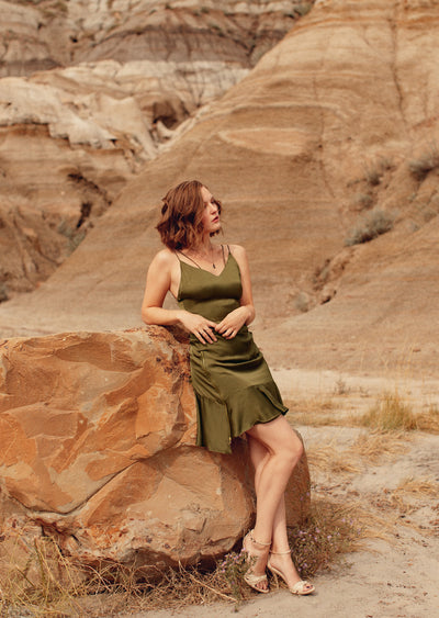 olive satin slip dress with ruffle 