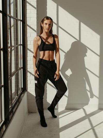 black jogger sweat pant and bralette 