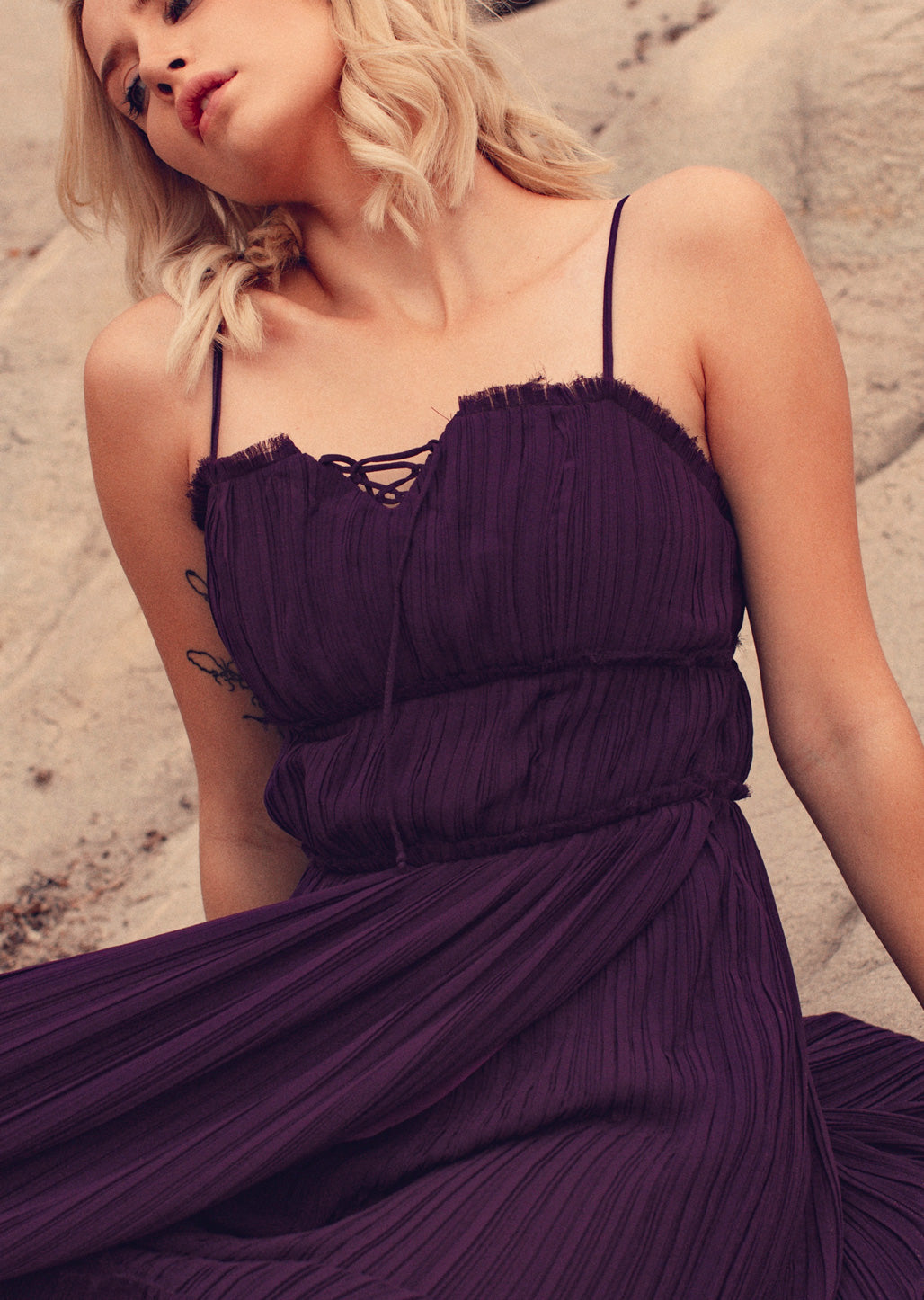 pleated amethyst purple chiffon dress with lace up neckline and skinny straps