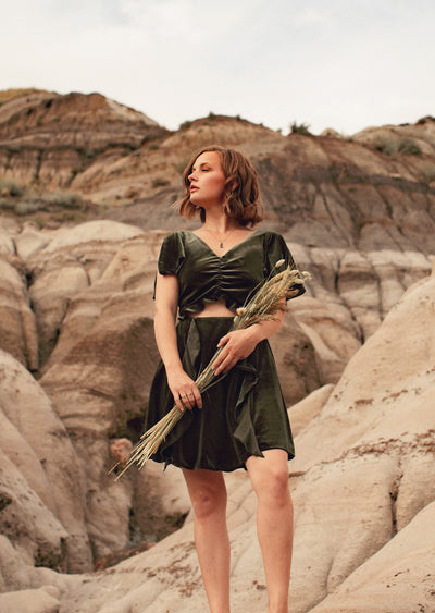 olive green velvet ruffle dress with cut out