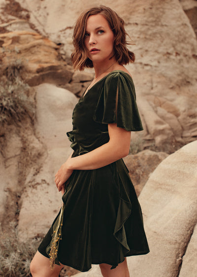 olive green velvet ruffle dress with cut out
