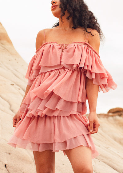 pink chiffon ruffle tier dress 