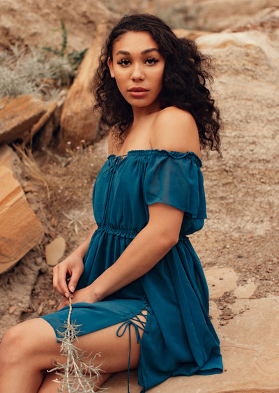 true blue chiffon off-shoulder dress with lace up detail 