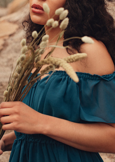 true blue chiffon off-shoulder dress with lace up detail 