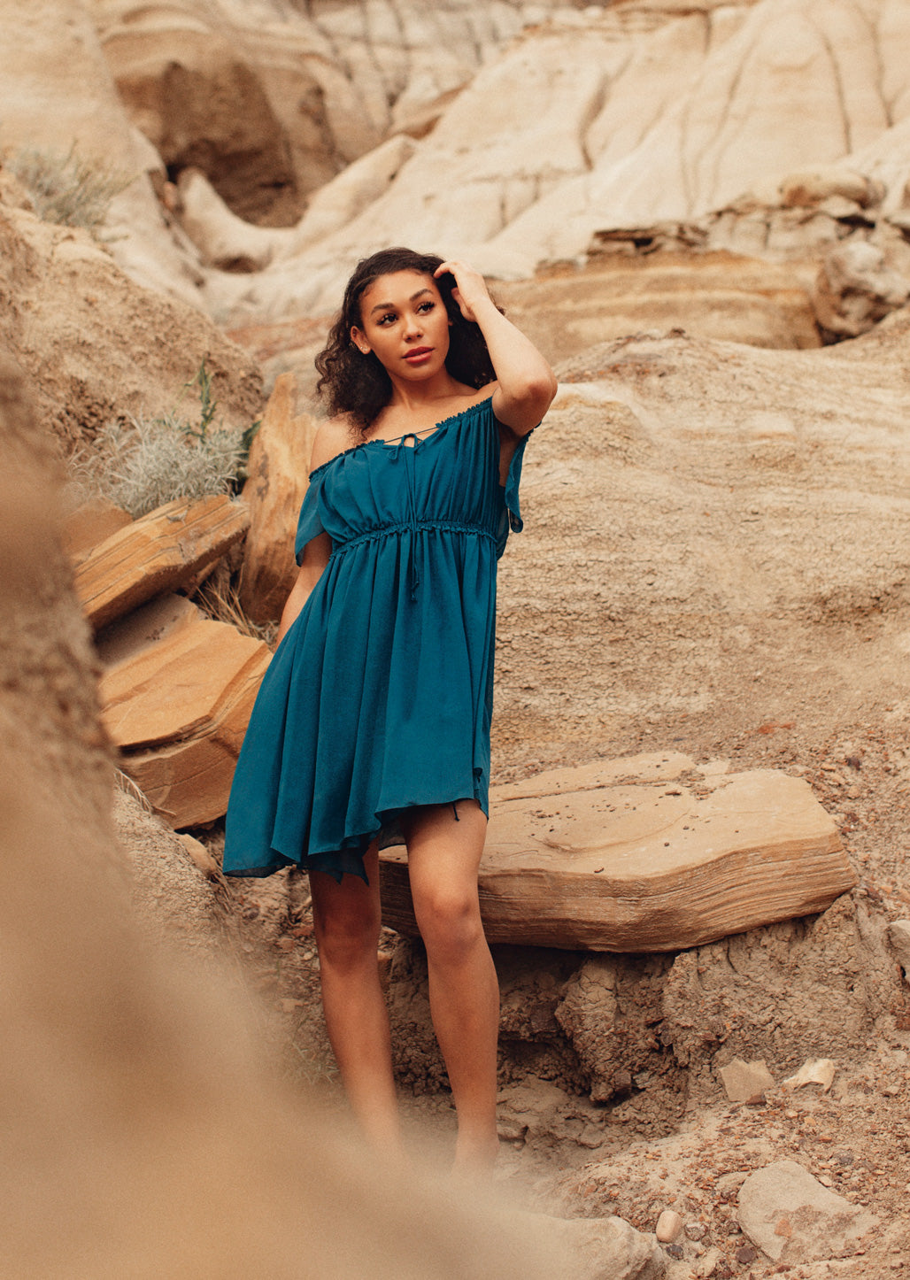 true blue chiffon off-shoulder dress with lace up detail 