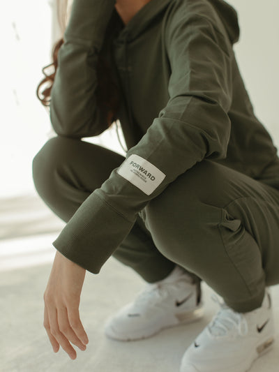 sage cropped hoodie with brand logo and embroidery detail with jogger sweatpant