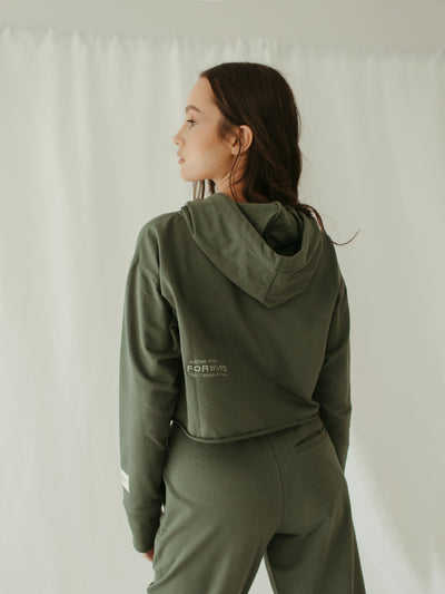 sage cropped hoodie with brand logo and embroidery detail with jogger sweatshirt