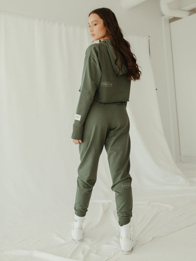 sage green jogger sweat pant and cropped hoodie two piece sweatsuit set