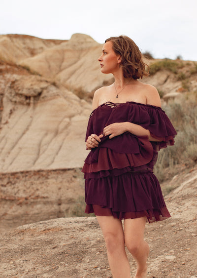 burgundy red chiffon off-shoulder tier ruffle dress