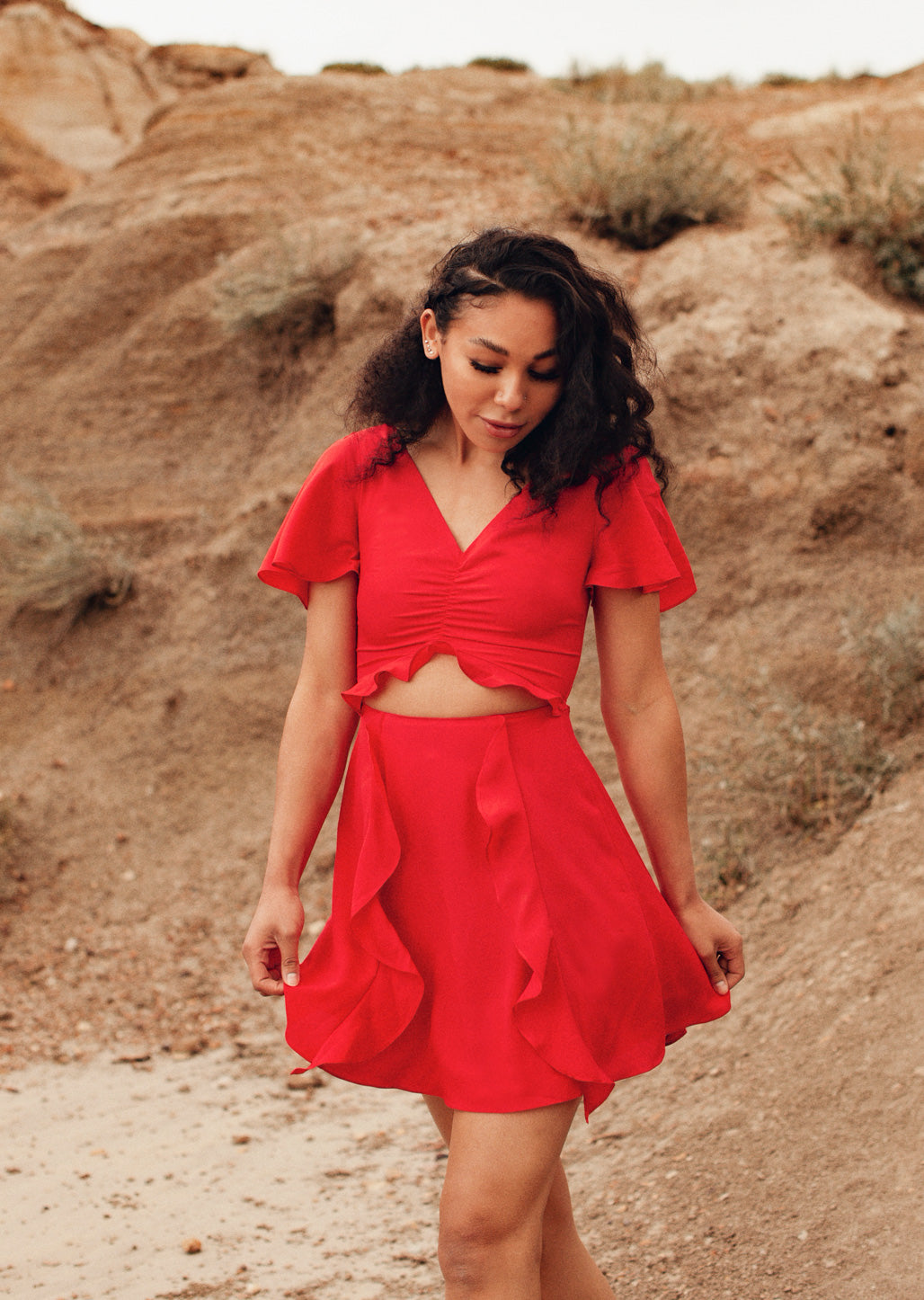 women's red ruffle dress with cut-out details