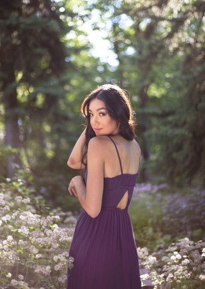 purple chiffon pleated dress with open back