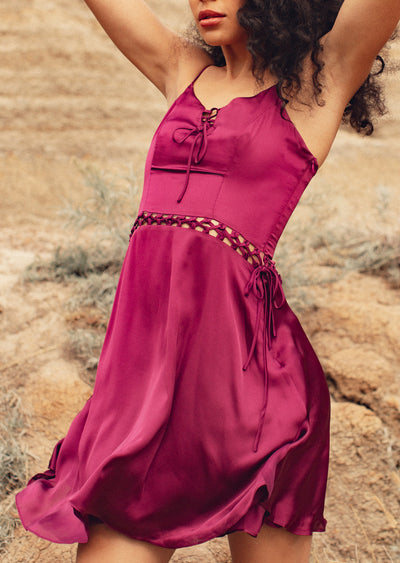 sangria wine satin slip dress with lace up detail