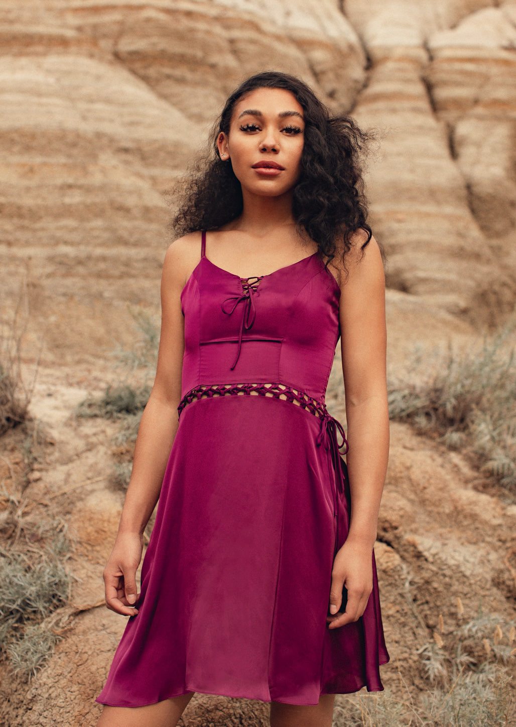 sangria wine satin slip dress with lace up detail